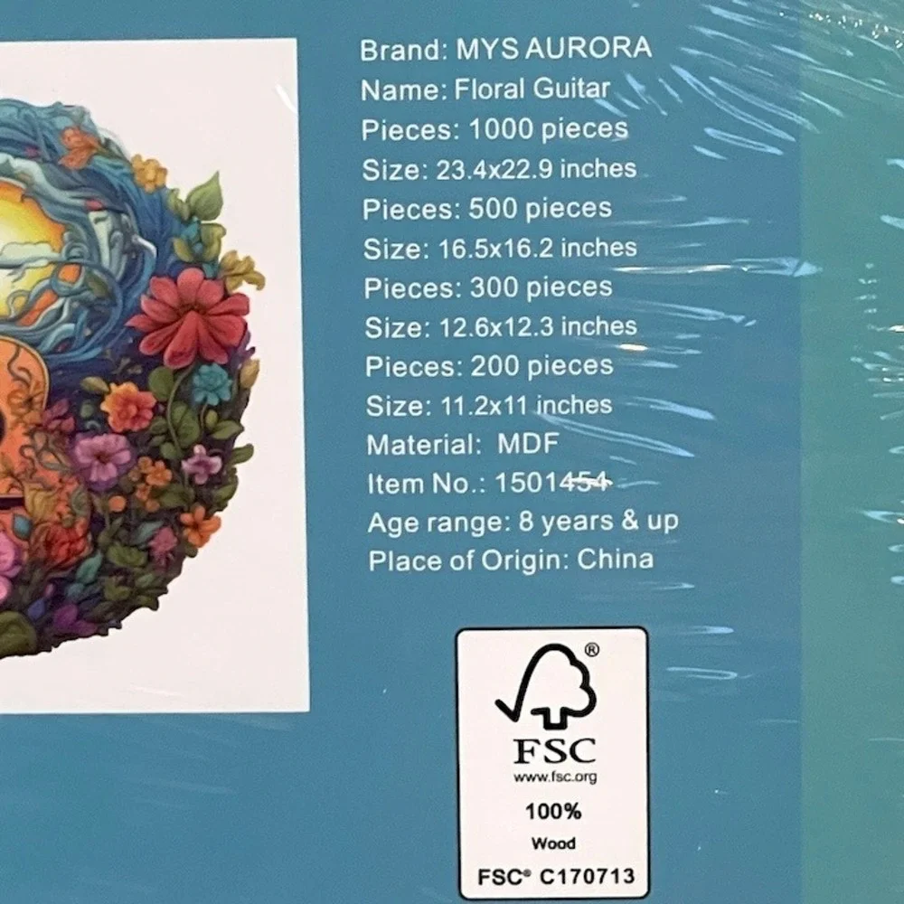MYS AURORA‎ Floral Guitar 200 Piece Wooden Jigsaw Puzzle 1501454 New Sealed